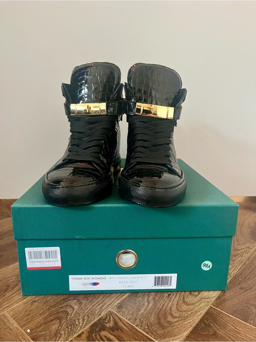 NWT Buscemi Black Patent Croc Embossed High-Top Sneakers with Gold Accent